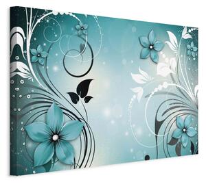 Obraz XXL Tyrkysový sen - květiny a listy na modře zářícím pozadí