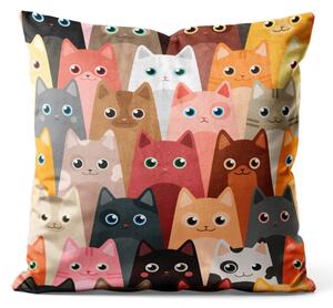 Dekorační velurový polštář Barevná zvířata - ilustrovaná kompozice s kočkami v různých barvách