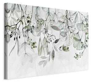 Obraz XXL Akvarelová příroda - zelené listy a květy na bílém pozadí