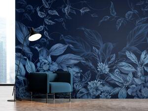 Fototapeta Listy a květy - atmosférický rostlinný motiv v tmavě modrých tónech