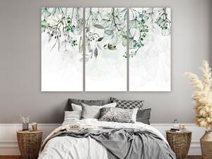 Obraz Akvarel příroda - zelené listy a květy na bílém pozadí