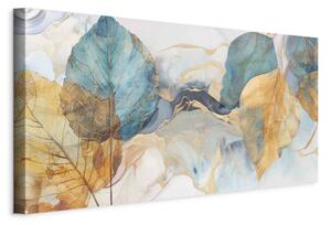 Obraz XXL Závan podzimu - žluté a modré listy na abstraktním pozadí
