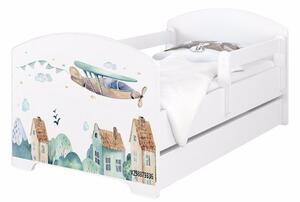 Dětská postel Oskar Domečky a letadlo 140x70 cm - Bílá - 1x krátká + 1x dlouhá zábrana se šuplíkem