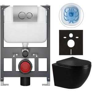 Kompletní WC set Basic/Cesso - černá lesklá - WC tlačítko Dualo/Stříbrná - závěsné - nízký modul - předstěnová instalace - 49x36 cm