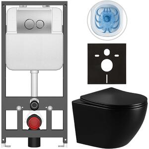 Kompletní WC set Basic/Cesso - černá lesklá - WC tlačítko Dualo/Stříbrná - závěsné - předstěnová instalace - 49x36 cm