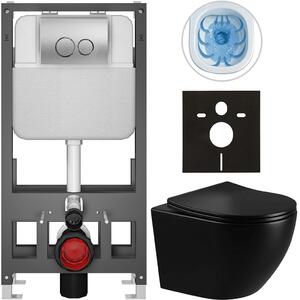 Kompletní WC set Basic/Cesso - černá lesklá - WC tlačítko Dualo/Stříbrná - volně stojící - předstěnová instalace - 49x36 cm