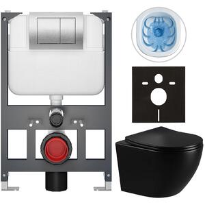 Kompletní WC set Basic/Cesso - černá lesklá - WC tlačítko Maxio/Stříbrná - závěsné - nízký modul - předstěnová instalace - 49x36 cm