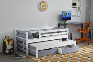 Dětská postel z masivu borovice MARTIN II s přistýlkou a šuplíky - 200x90 cm - bílá/šedá