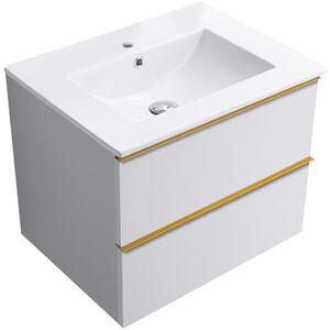 Koupelnová skříňka Velora - bílá matná, úchytka zlatá + keramické umyvadlo Todo - 71x55x46,5 cm