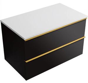 Koupelnová skříňka Velora - černá matná, úchytka zlatá + deska z lit. mramoru Elanys - 12 mm - bílá matná - 80x54,2x46,5 cm