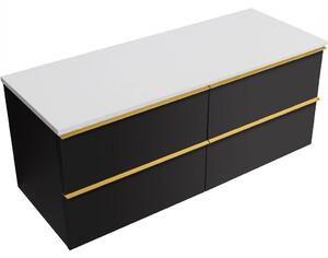 Koupelnová skříňka Velora - černá matná, úchytka zlatá + deska z lit. mramoru Elanys - 12 mm - bílá matná - 120x54,2x46,5 cm