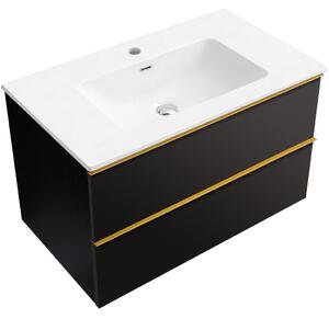 Koupelnová skříňka Velora - černá matná, úchytka zlatá + keramické umyvadlo Novo - bílá lesklá - 81x54,5x46,5 cm