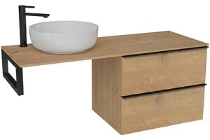 Koupelnová skříňka Velora - dub medový, úchytka černá + deska pod umyvadlo Navira Slim - 18 mm + konzole černá - 140x54,8x46,5 cm