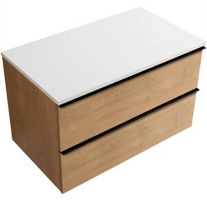Koupelnová skříňka Velora - dub medový, úchytka černá + deska z lit. mramoru Elanys - 12 mm - bílá matná - 80x54,2x46,5 cm