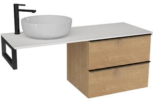 Koupelnová skříňka Velora - dub medový, úchytka černá + deska pod umyvadlo z lit. mramoru Elanys - 12 mm + konzole černá - 140x54,2x46,5 cm
