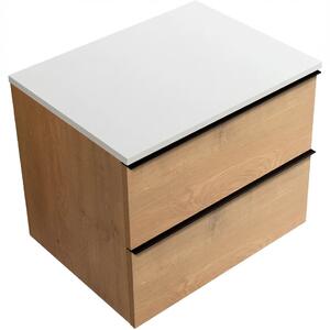 Koupelnová skříňka Velora - dub medový, úchytka černá + deska z lit. mramoru Elanys - 12 mm - bílá matná - 70x54,2x46,5 cm