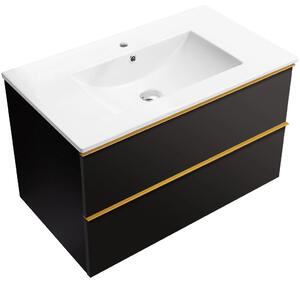 Koupelnová skříňka Velora - černá matná, úchytka zlatá + keramické umyvadlo Todo - 81x55x46,5 cm