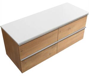 Koupelnová skříňka Velora - dub medový, úchytka chromová + deska z lit. mramoru Elanys - 12 mm - bílá matná - 140x54,2x46,5 cm