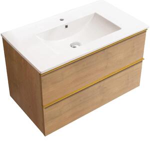 Koupelnová skříňka Velora - dub medový, úchytka zlatá + keramické umyvadlo Todo - 81x55x46,5 cm