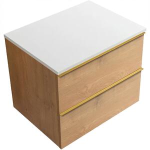 Koupelnová skříňka Velora - dub medový, úchytka zlatá + deska z lit. mramoru Elanys - 12 mm - bílá matná - 70x54,2x46,5 cm