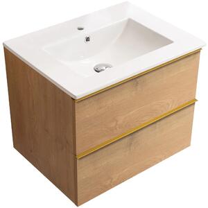 Koupelnová skříňka Velora - dub medový, úchytka zlatá + keramické umyvadlo Todo - 71x55x46,5 cm
