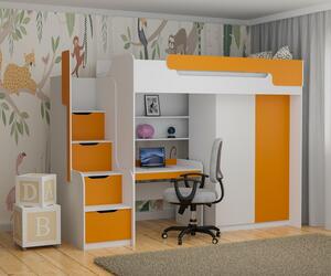 Poschoďová postel Dorian + psací stůl + skříň - oranžová Matrace: pěnová 200x90