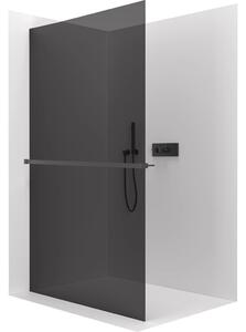 Sprchová zástěna Walk-in Crystal L/P - 10 mm + polička/držák na ručníky - bezvzpěrový systém - černá matná, grafitové sklo - 90x200 cm