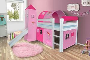 Dětská VYVÝŠENÁ postel se skluzavkou DOMEČEK růžový - BÍLÁ