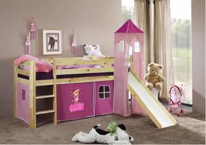 Dětská VYVÝŠENÁ postel se skluzavkou DOMEČEK růžový - PŘÍRODNÍ