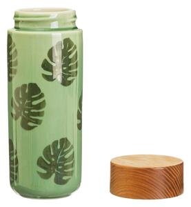 Sass & Belle Zelená keramická láhev s bambusovým víčkem a botanickým vzorem Cheese Plant