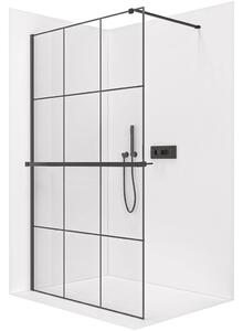 Sprchová zástěna Walk-in Onyx Cube L/P - 8 mm + polička/držák na ručníky - hranatá vzpěra - černá matná, industriální sklo - 90x200 cm
