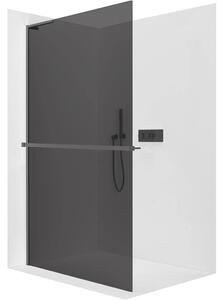 Sprchová zástěna Walk-in Onyx L-levá vzpěra + polička/držák na ručníky - 8 mm - černá matná, grafitové sklo - 30x200 cm