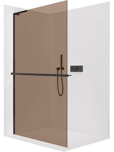 Sprchová zástěna Walk-in Onyx L-levá vzpěra - 8 mm + polička/držák na ručníky - černá matná, bronzové sklo - 50x200 cm