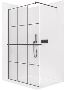 Sprchová zástěna Walk-in Onyx Round L/P - 8 mm + polička/držák na ručníky - kulatá vzpěra - černá matná, industriální sklo - 90x200 cm