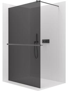 Sprchová zástěna Walk-in Onyx Round L/P - 8 mm - kulatá vzpěra + polička/držák na ručníky - černá matná, grafitové sklo - 30x200 cm
