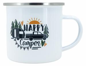 Bílý smaltovaný plecháček s nápisem Happy Camper 360ml