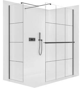 Sprchová zástěna Walk-in Onyx T L/P - 8 mm - hranatá vzpěra + polička/držák na ručníky - černá matná, industriální sklo- 150x90x200 cm