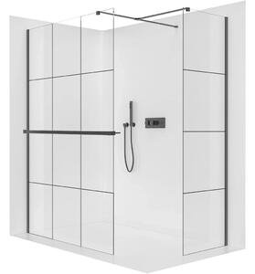 Sprchová zástěna Walk-in Onyx T L/P - 8 mm - hranatá vzpěra + polička/držák na ručníky - černá matná, industriální sklo - 90x90x200 cm