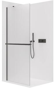 Sprchová zástěna Walk-in Onyx Y L/P - 8 mm - kulatá vzpěra + polička/držák na ručníky - černá matná, mléčné sklo - 30x200 cm