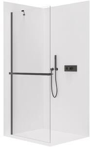Sprchová zástěna Walk-in Onyx Y L/P - 8 mm - kulatá vzpěra + polička/držák na ručníky - černá matná, transparentní sklo - 30x200 cm