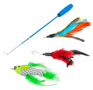 Udice pro kočky s pírky set barevný s rybkou 90cm