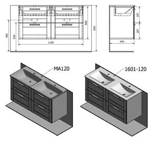 Sapho, AMIA dvouumyvadlová skříňka 119x60x45cm, dub Texas (AM120), AM120-2020