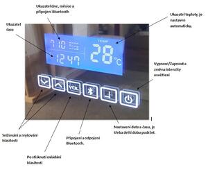Zrcadlo s LED osvětlením 70x65 cm, bluetooth, hodinami, kalendářem, teplotou vzduchu a nastavitelnou teplotou světla