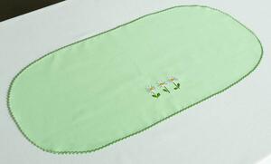 Ubrus Veba GAMA bavlněný satén zelená s výšivkou Sedmikrásky s festonem Velikost: 35x70 cm - ovál