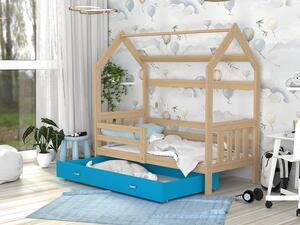 AJK Dětská postel DOMEK SE ZÁBRANOU - přírodní/modrá Velikost spací plochy: 160x80, Matrace: ne