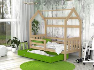 AJK Dětská postel DOMEK SE ZÁBRANOU - přírodní/zelená Velikost spací plochy: 160x80, Matrace: ne
