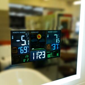 Zrcadlo s LED osvětlením, hodinami a počasím 1600x650x43 mm, ukazatel venkovní a vnitřní teploty, barometr
