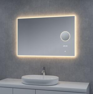 Zrcadlo s LED osvětlením kosmetickým zrcátkem a hodinami, 1000 x 650 mm, nastavitelná teplota osvětlení