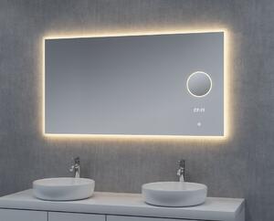 Zrcadlo s LED osvětlením kosmetickým zrcátkem a hodinami, 1200 x 650 mm