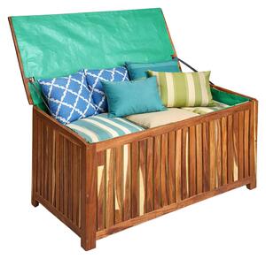 Relaxdays, zahradní box, sedák, úloný prostor na náadí, rozmry 60x90x50 cm, akáciové dřevo, vododolná vloka, vhodný na balkon, zahradní truhla, pírodní design